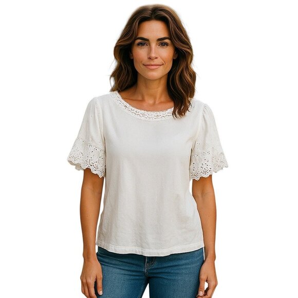 Loft Linen Blend Eyelet Trim Blouse White Size S Bohemian Coastal Beach Summer - Picture 1 of 11